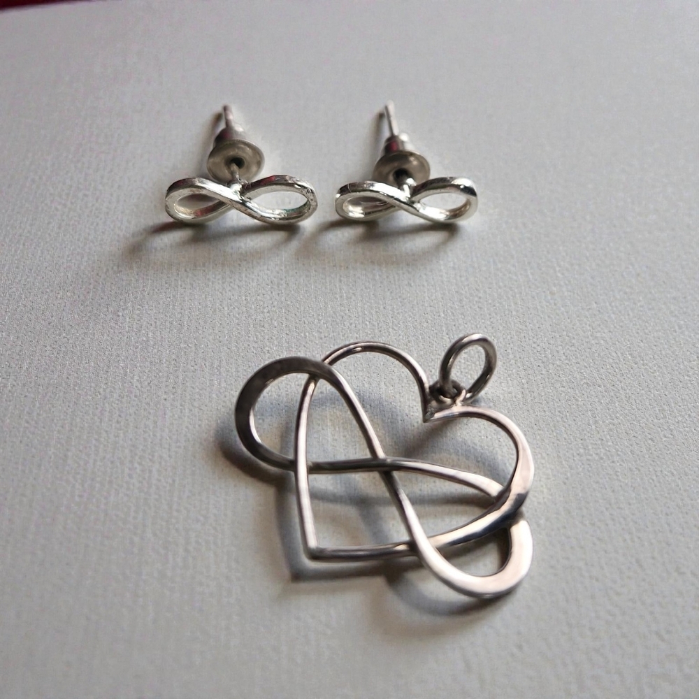 Infinity Stud Earrings And Infinity Heart Pendant Bundle